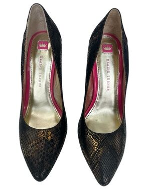 Elaine Turner Black Snake-Texture Pointed Toe Pumps with Pink Lining